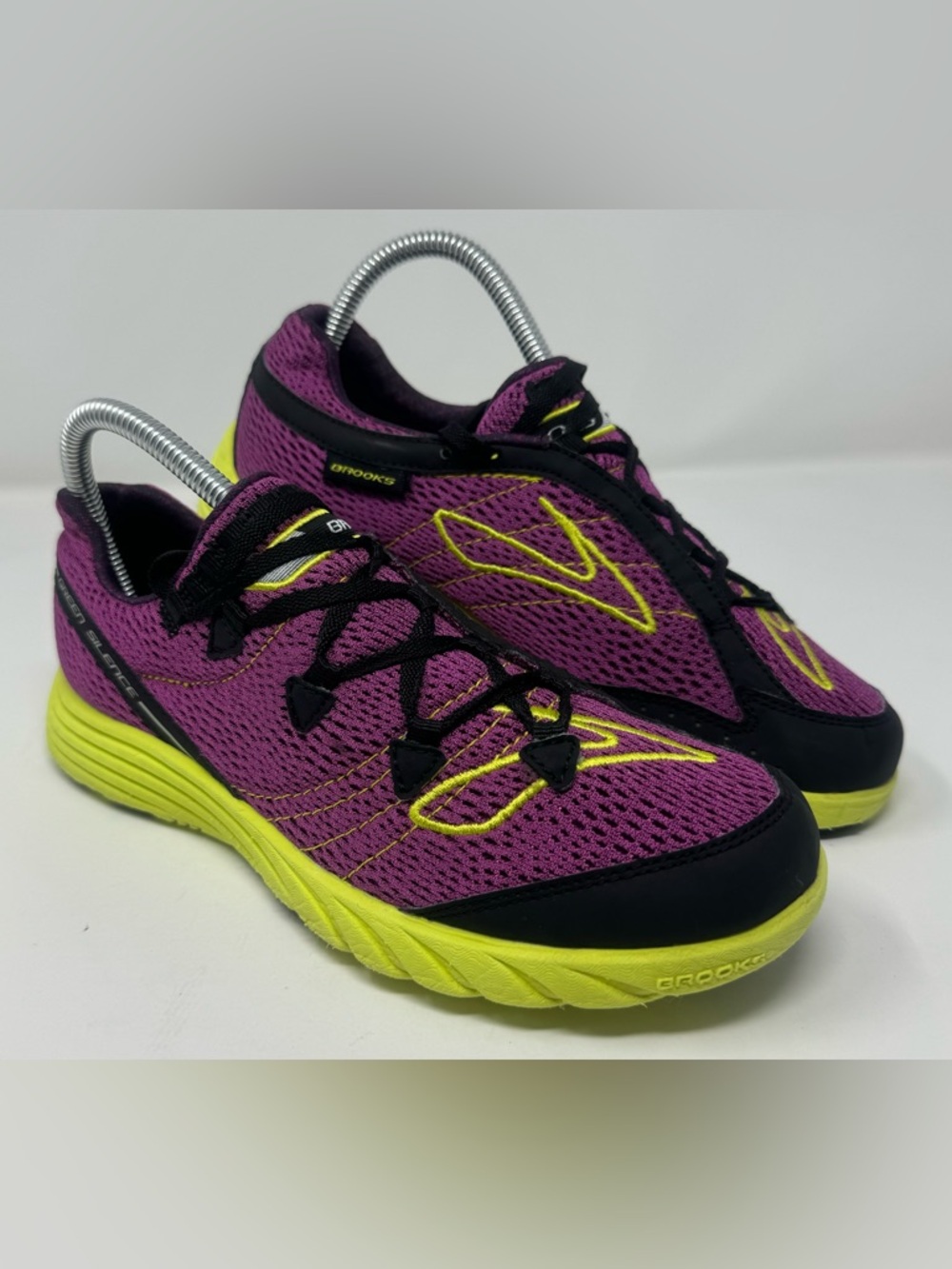 Brooks Green Silence Women’s Purple and Neon Yellow Light Athletic Running Shoes